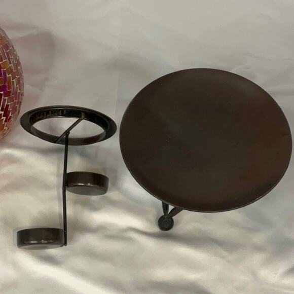 VTG RED AMBER ORANGE MOSAIC GLASS TEALIGHT CANDLE HOLDER WROUGHT IRON STAND - Picture 7 of 8